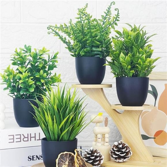 Set of 4 Small Fake Potted Plants 7 inch Artificial Mini Greenery Home Office De - Picture 5 of 7